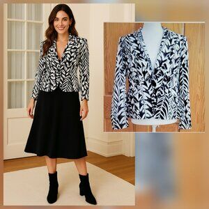 Roz & Ali Black and White Abstract Leaf Print Lined Blazer Jacket
